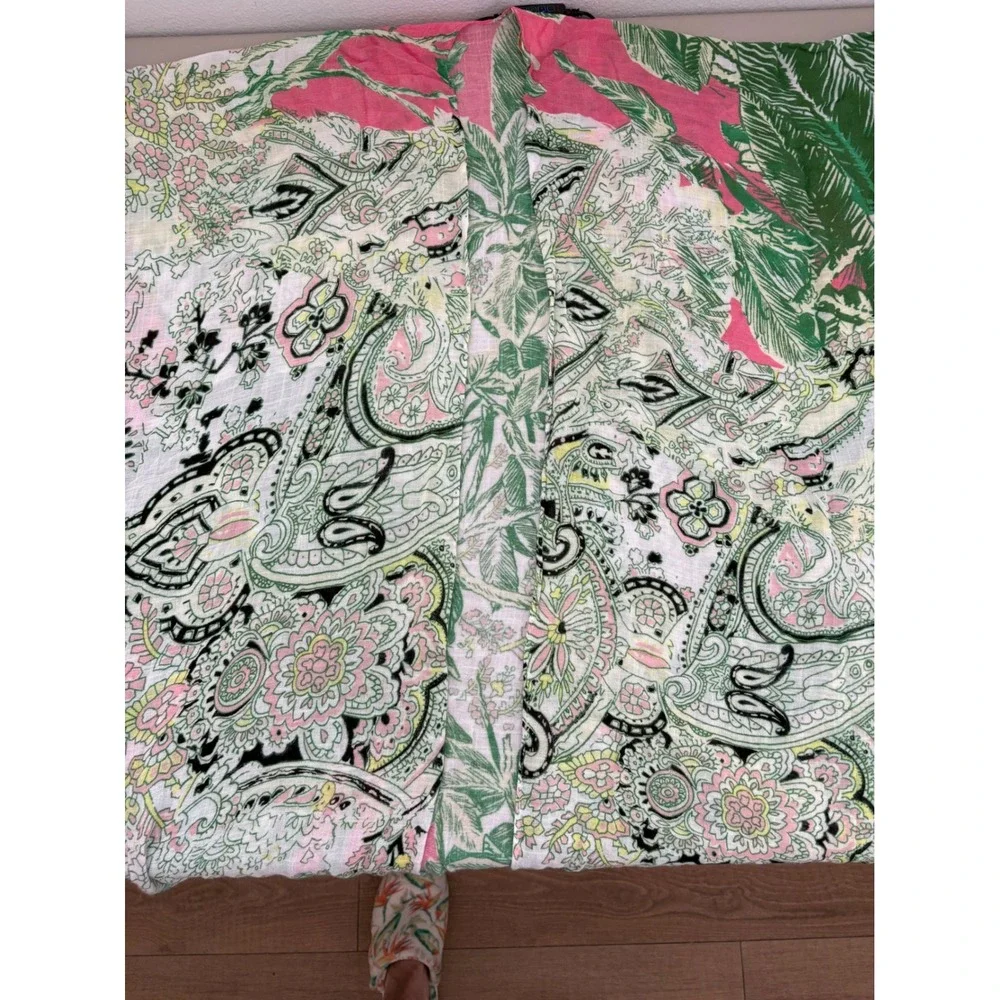 Shiraleah Chicago Paisley Palm Print Pink Green Pom Pom Trim Viscose Swim Cover